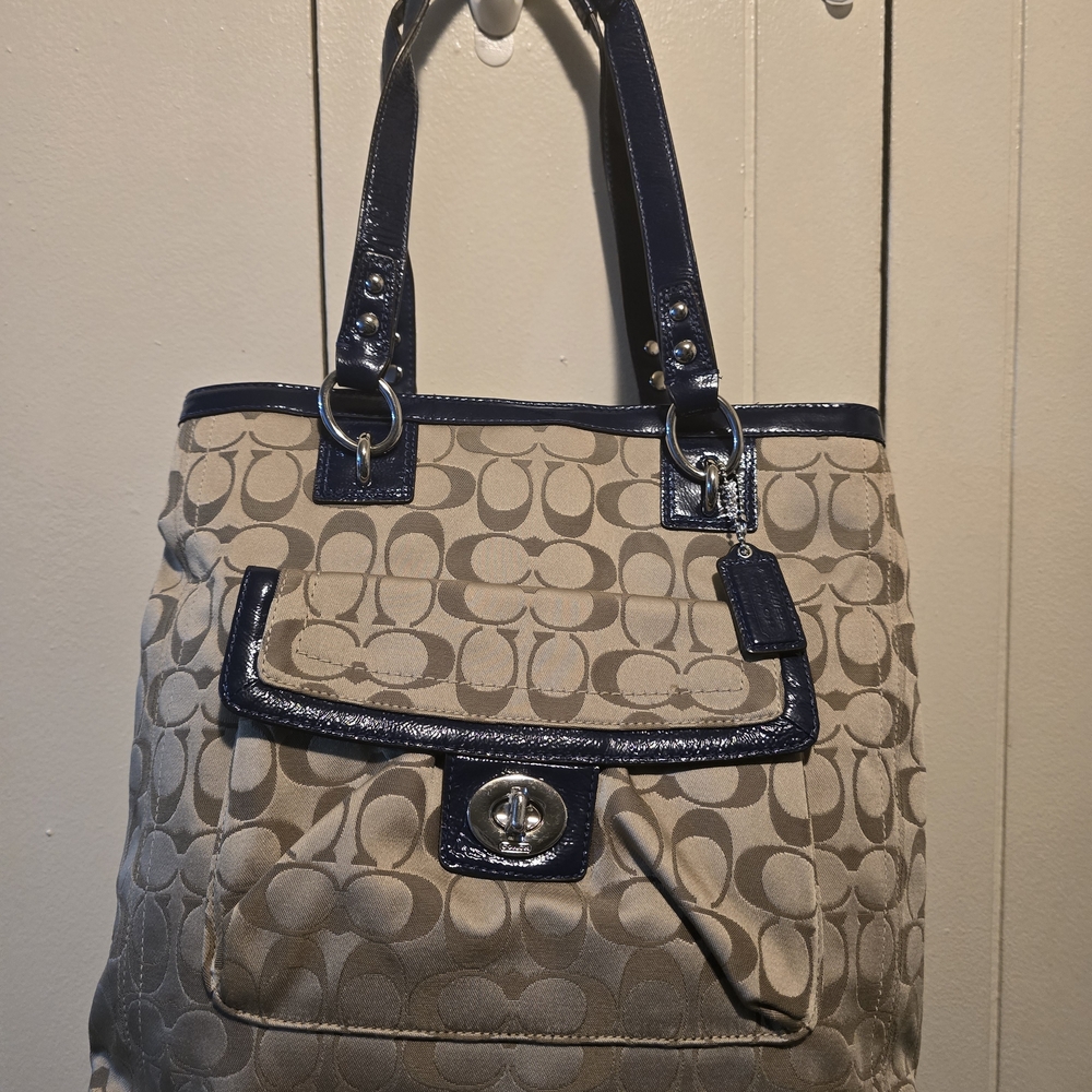 Coach Beige and Black Signature Shoulder Bag